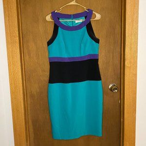 Calvin Klein color block sheath dress (purple, green, black) size 8